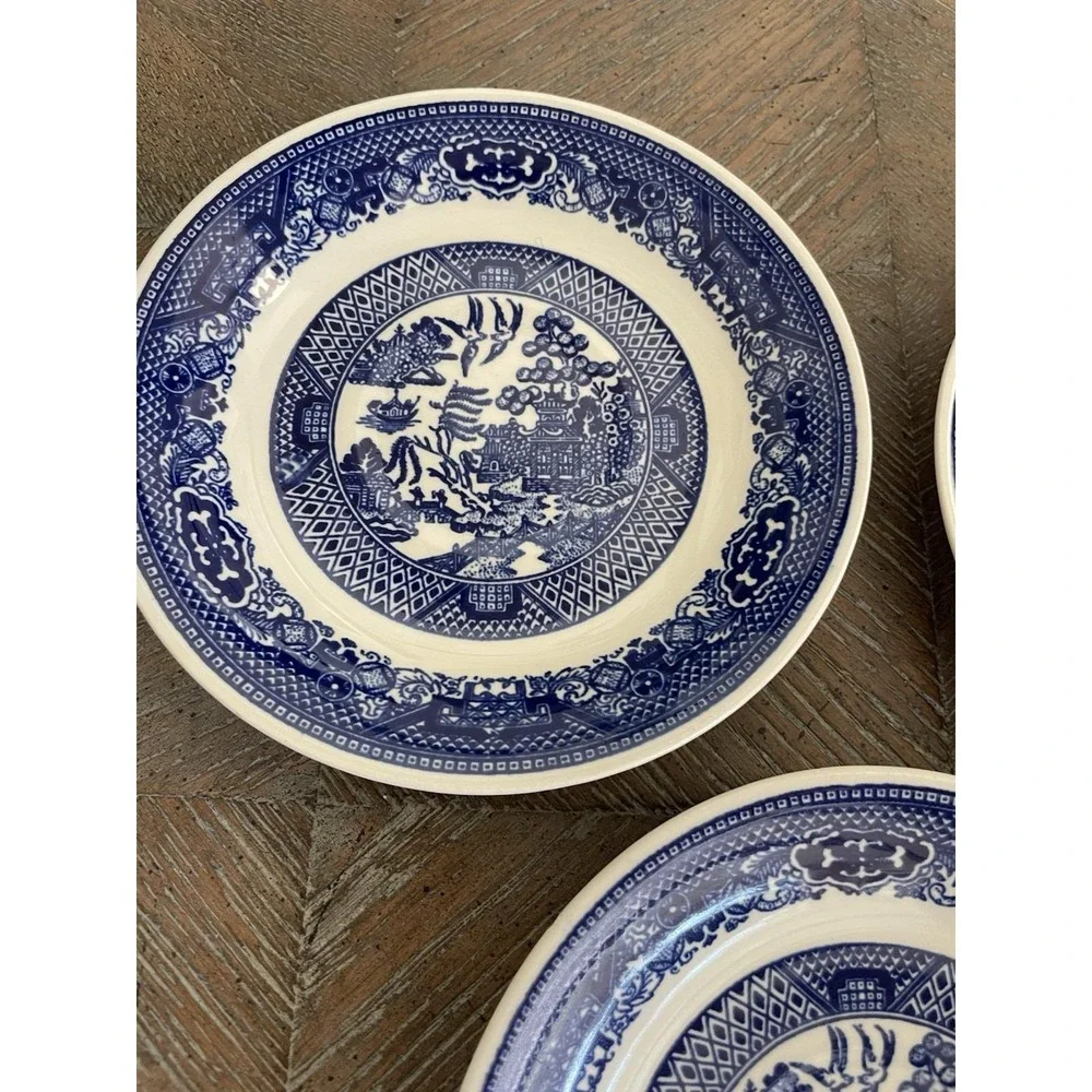 Vtg Willow Ware Blue Willow Transferware 3 Dessert Plates/Saucers 6